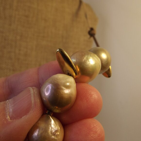 Baroque Pearl & Gold Tone Beaded Necklace on Leather Cord - Picture 5 of 8